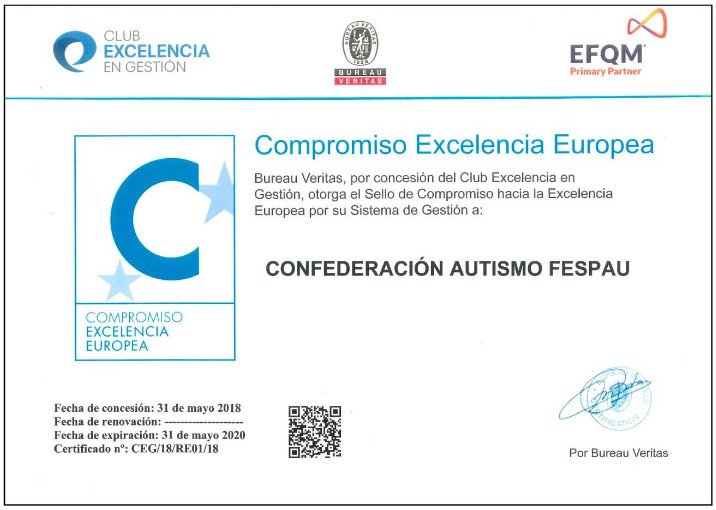 La Confederación Autismo FESPAU certificada conel Sello de Excelencia EFQM