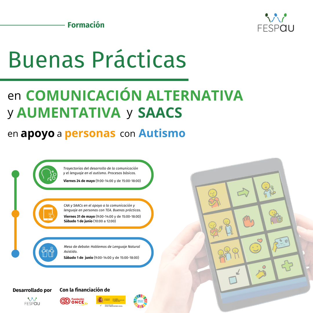 Cartel Buenas prácticas en Comunicación Alternativa y Aumentativa y SAACS en apoyo a personas con autismo.